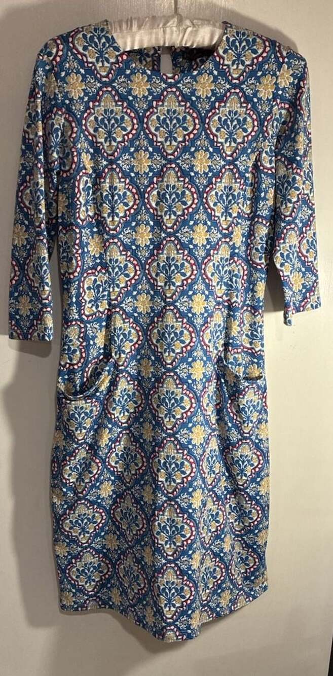 J. McLaughlin Dress Size S Blue Yellow Printed 3/4 Sleeve Pockets